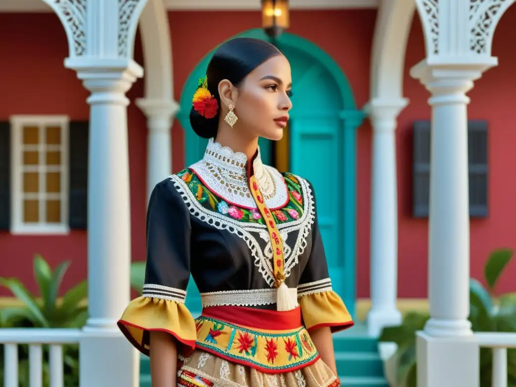 Maniquí viste traje colonial latinoamericano frente a arquitectura colonial, destacando la moda y la historia de la época