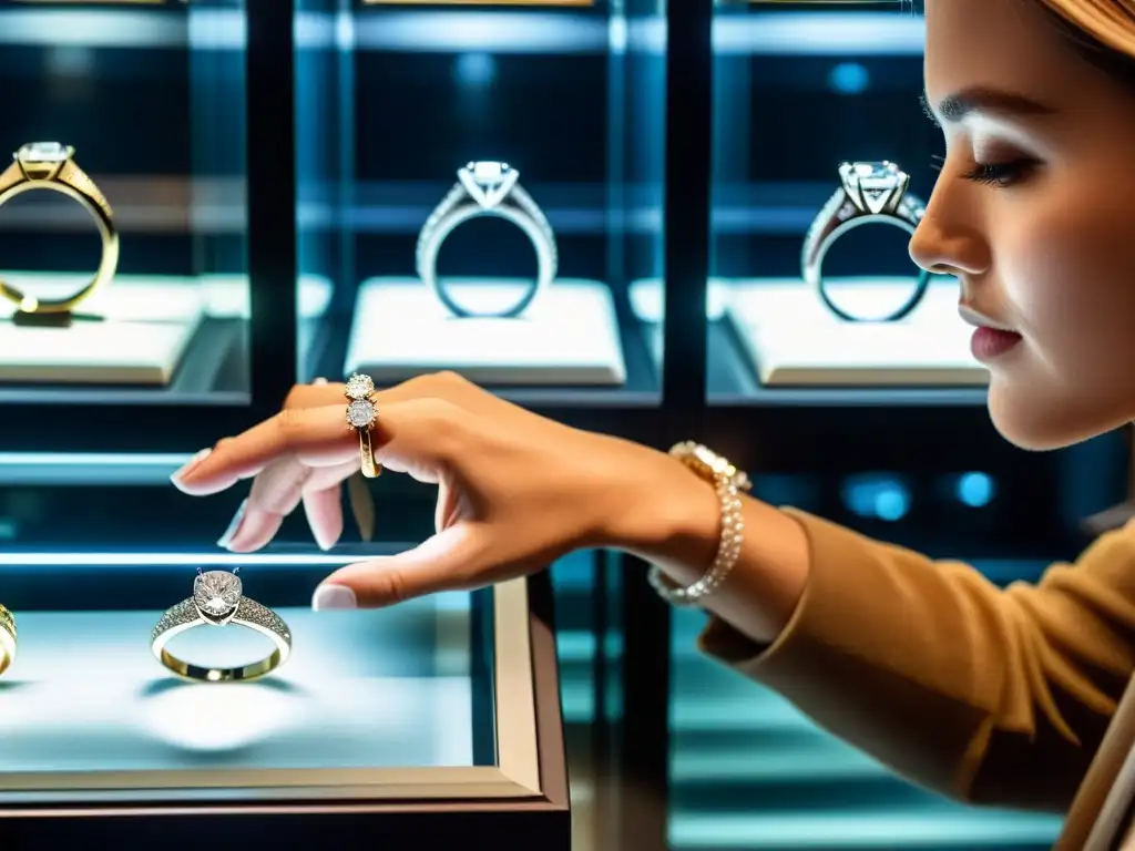 Mano seleccionando delicadamente un anillo de diamantes en exhibición, capturando la psicología del consumidor en la elección de joyas de lujo