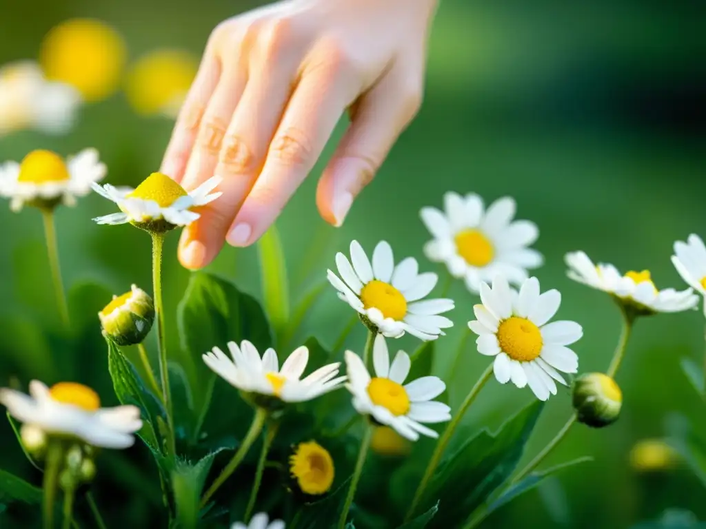 Mano recogiendo flores de manzanilla frescas al amanecer