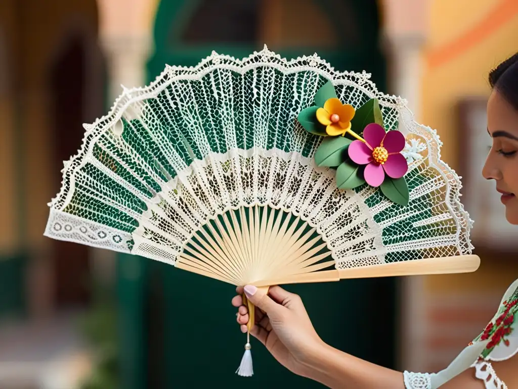 Una mano sostiene con gracia un abanico de encaje y flores, en un patio español