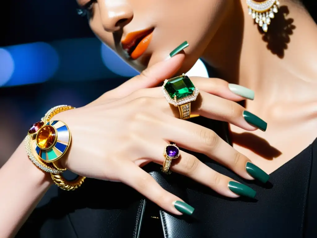 Mano de modelo con accesorios impactantes en Semanas Moda: anillos, pulseras y arte en uñas, reflejo de elegancia y sofisticación