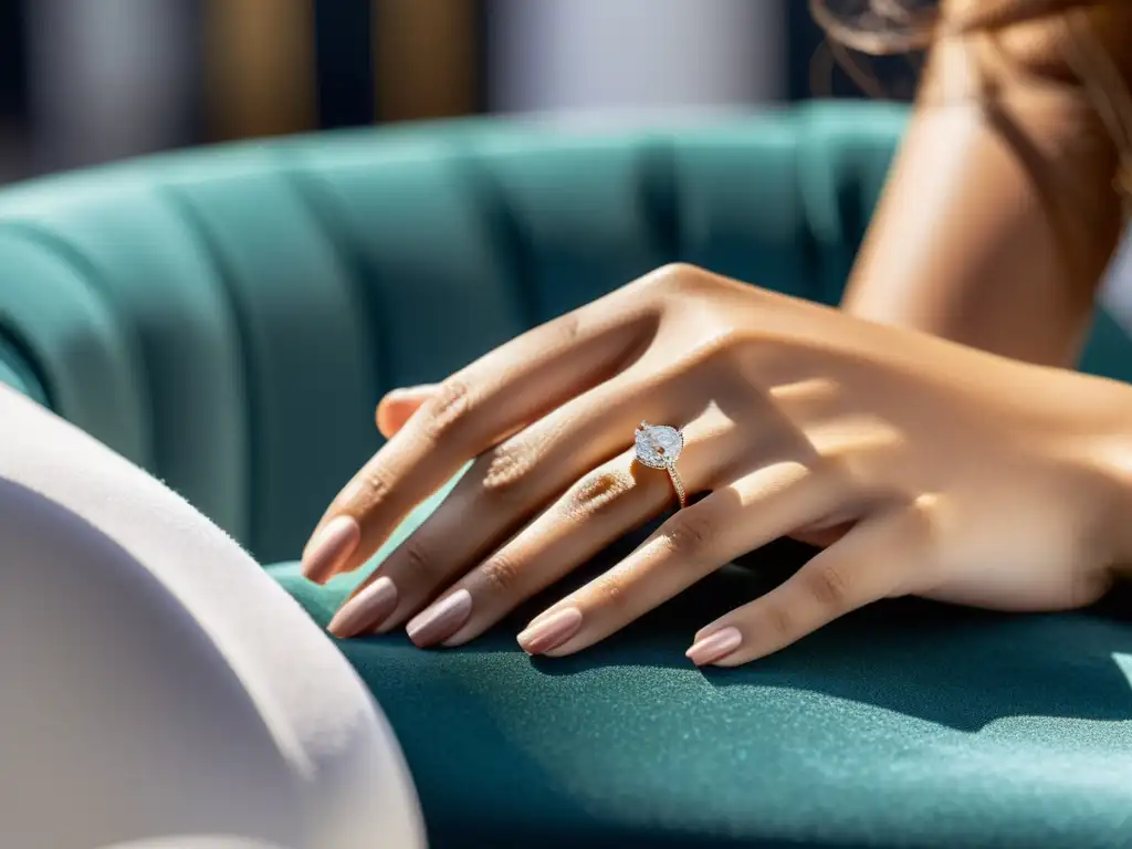 Mano de mujer millennial con anillo de diamantes personalizado en joyería de lujo adaptada a la mentalidad milenio