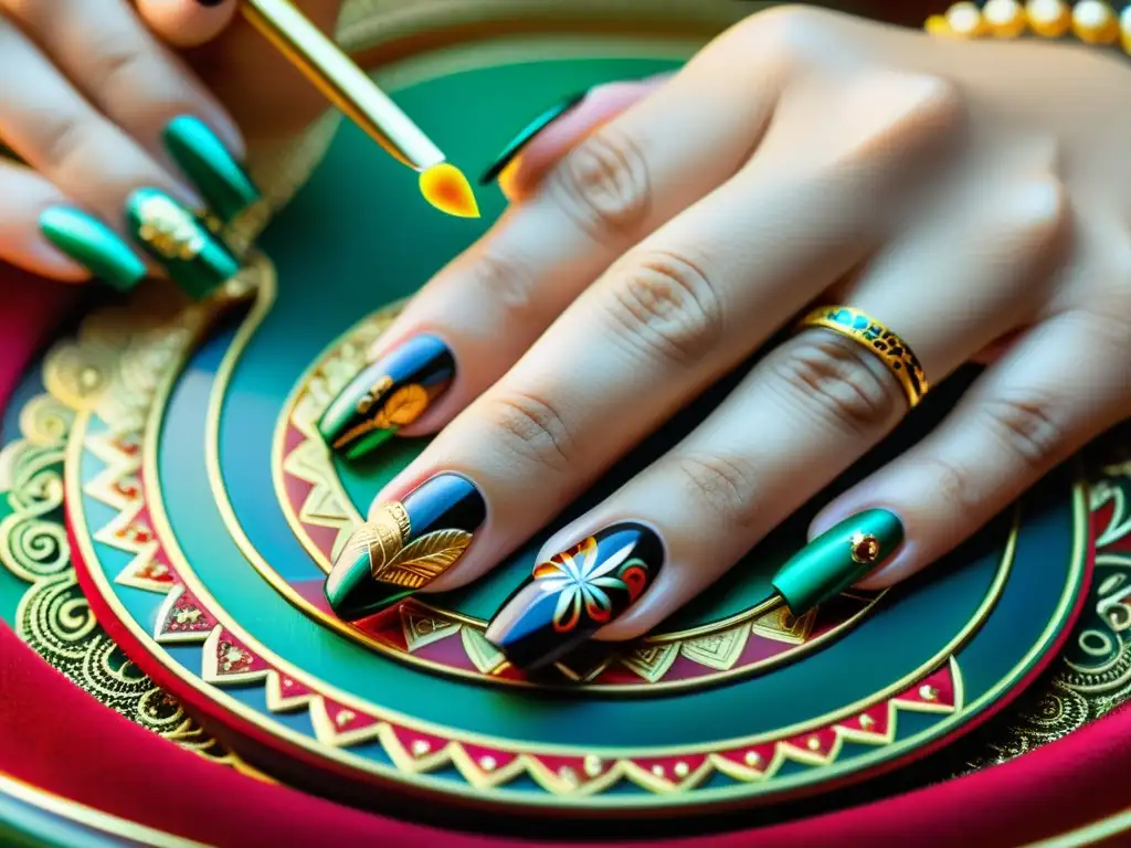 Manos aplicando arte en uñas, con colores vibrantes y detalles delicados que reflejan la historia cultural del cuidado de uñas