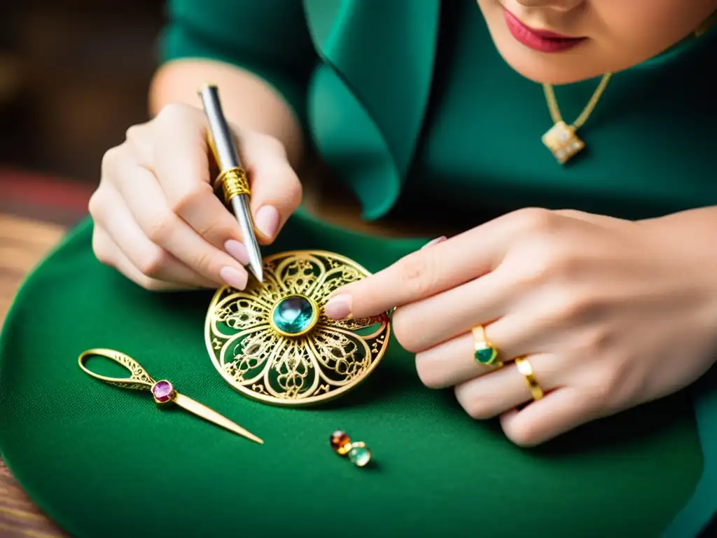 Manos expertas ensamblan con delicadeza una broche, resaltando la artesanía y la historia de la joyería funcional
