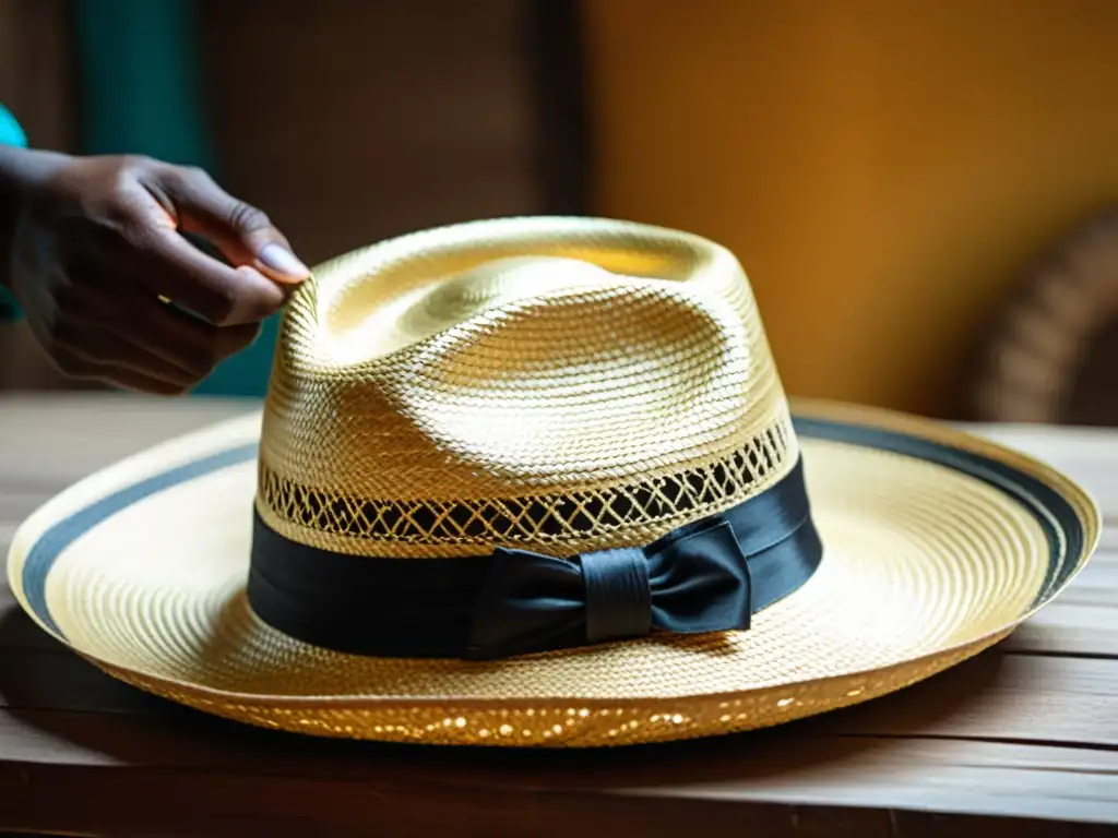 Manos expertas tejen con detalle el icónico sombrero Panamá, mostrando la rica historia del sombrero Panamá moda