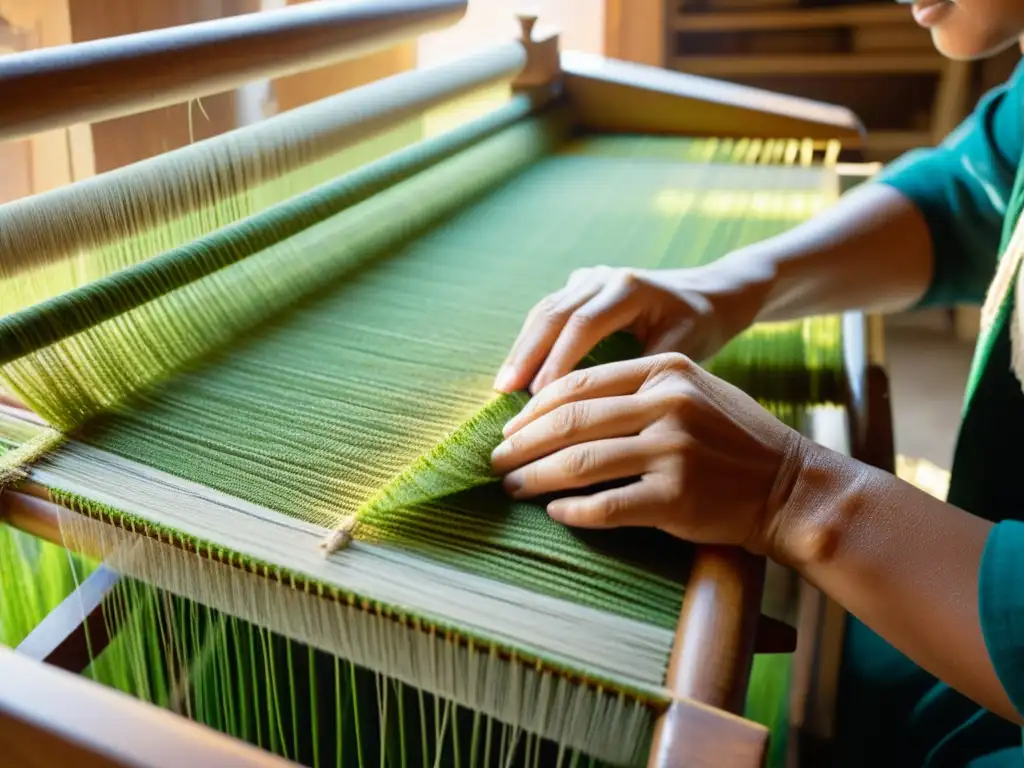 Manos expertas tejen fibras vegetales en un telar tradicional, resaltando los usos sorprendentes de tejidos vegetales en la moda