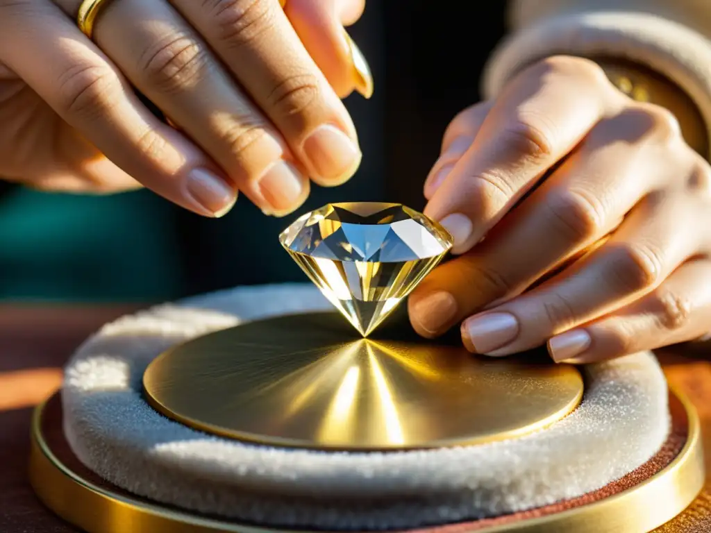 Manos expertas en la joyería contemporánea colocando un diamante en oro, resaltando las técnicas ancestrales de lujo