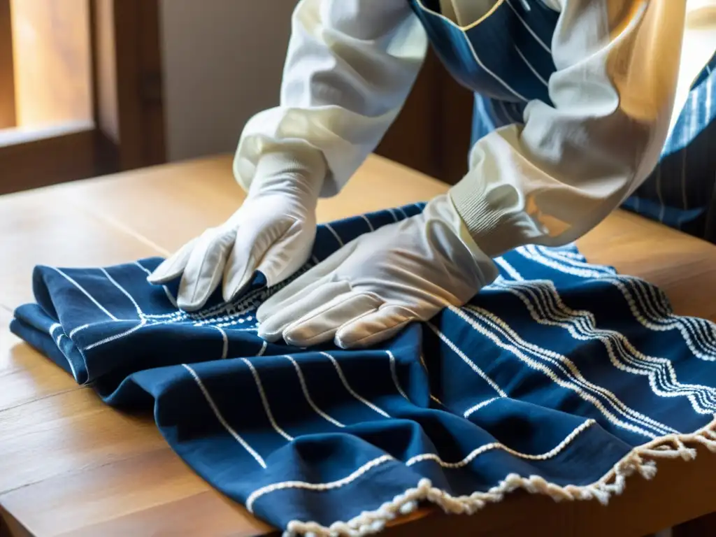 Manos expertas realizan la técnica tradicional japonesa Shibori en tela blanca, mostrando la precisión y belleza de este arte textil