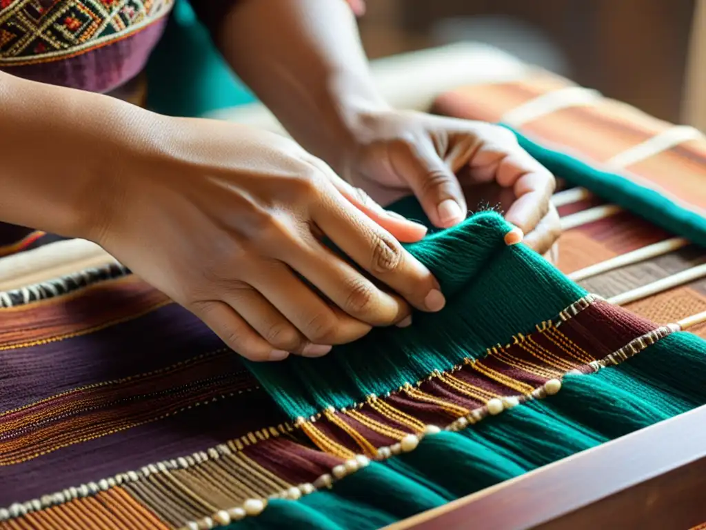 Manos expertas preservando técnicas ancestrales en la moda de Oriente, tejiendo patrones vibrantes en tela tradicional