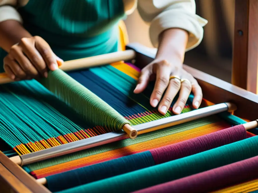 Las manos de un hábil artesano tejen colorida tela sostenible en un telar de madera, resaltando la artesanía en la moda sostenible