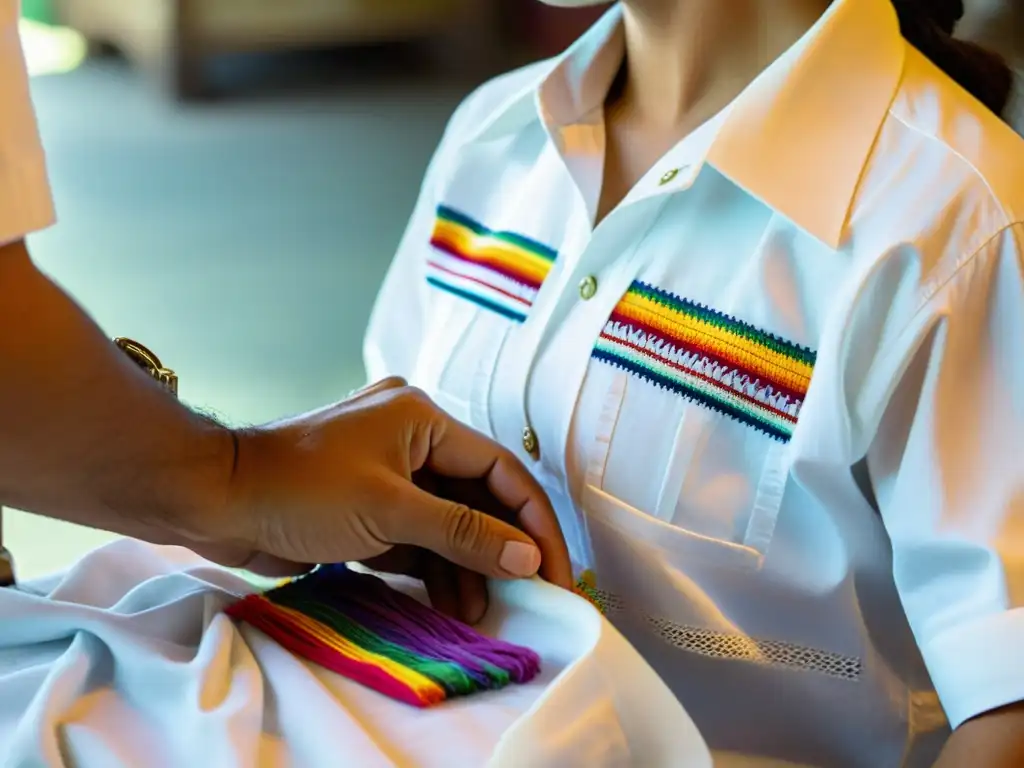 Las manos hábiles de un artesano bordando la icónica guayabera, reinterpretando la guayabera estilo latino con detalle y destreza artesanal