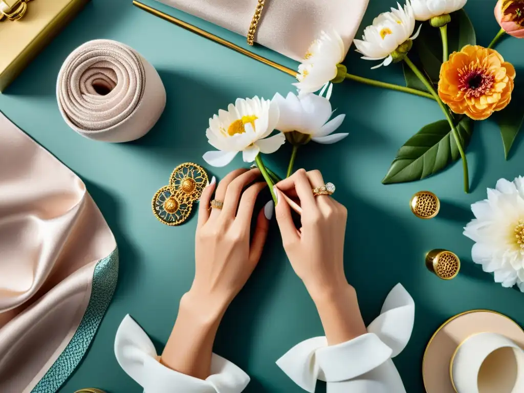 Manos de influencer de moda crean un exquisito flat lay con telas lujosas, accesorios y flores, evocando el marketing sensorial online para moda