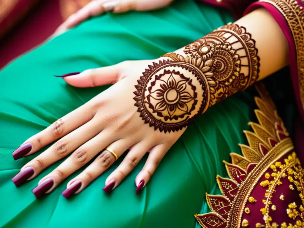 Las manos de una mujer lucen intrincados diseños de mehndi, con motivos florales y geométricos