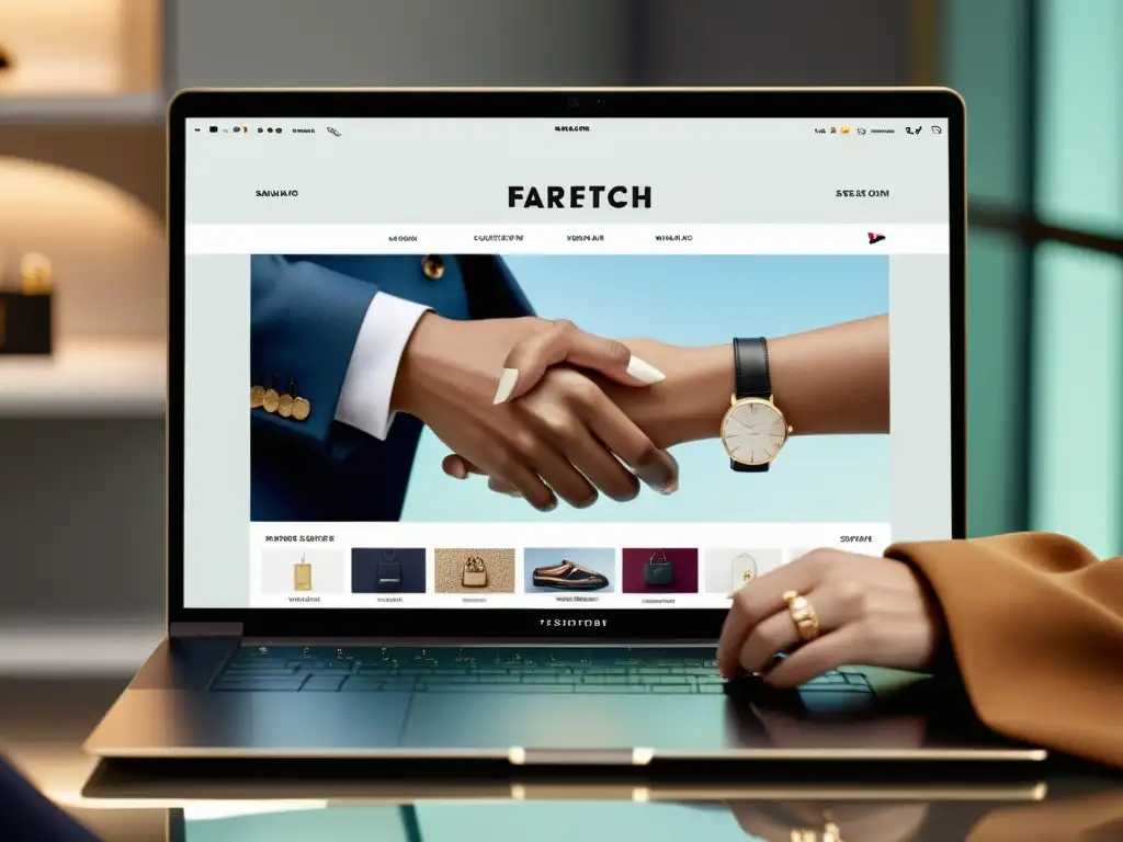 Manos navegando el sitio Farfetch en laptop moderno, reflejo del usuario en la pantalla