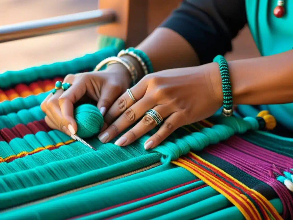 Manos de tejedora Navajo trabajando con colorida lana, mostrando las técnicas y materiales moda Navajo en un escenario culturalmente enriquecedor