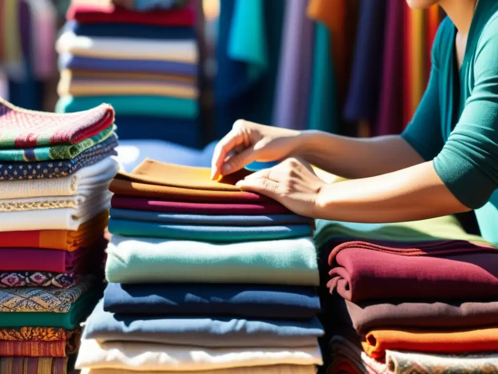 Manos seleccionando telas en mercado textil