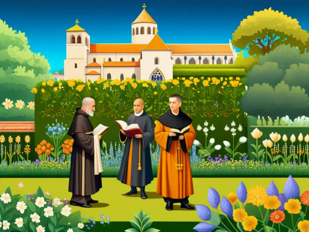 Un manuscrito iluminado medieval muestra monjes y monjas trabajando en un jardín, rodeados de flores y plantas