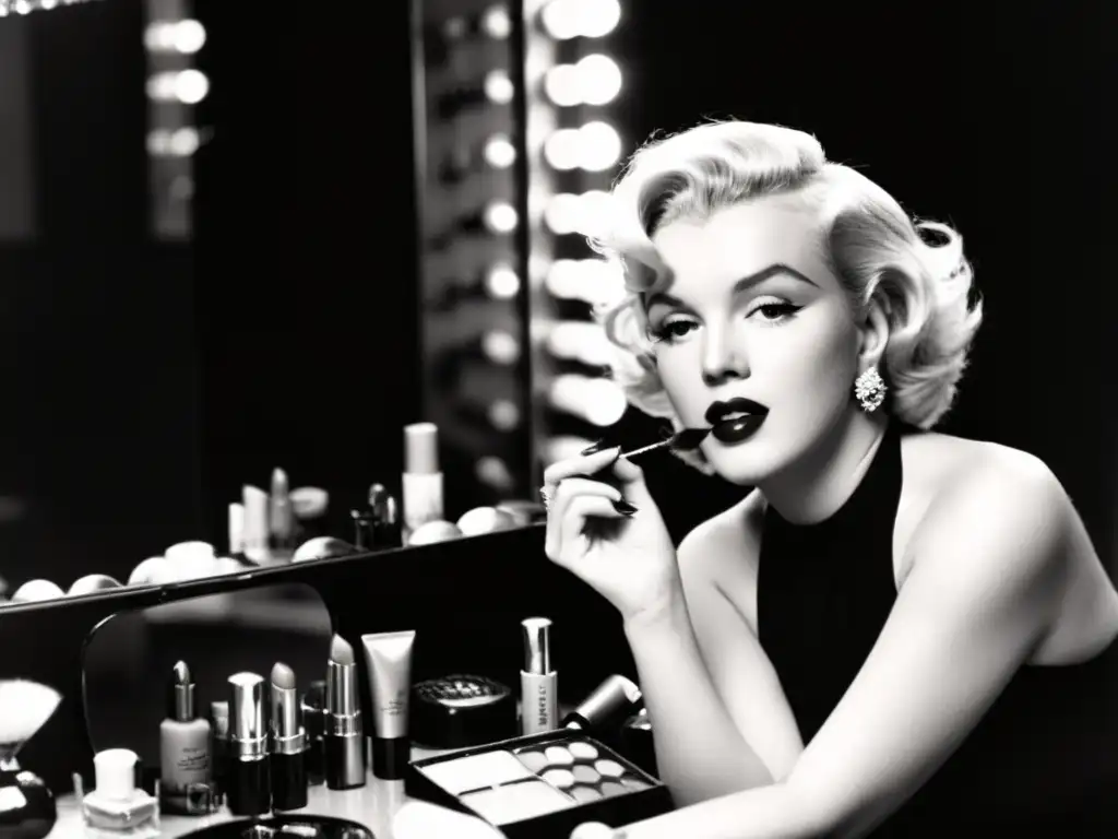 Marilyn Monroe recibiendo maquillaje de alta gama en el set de Hollywood, reflejando elegancia y glamour atemporal