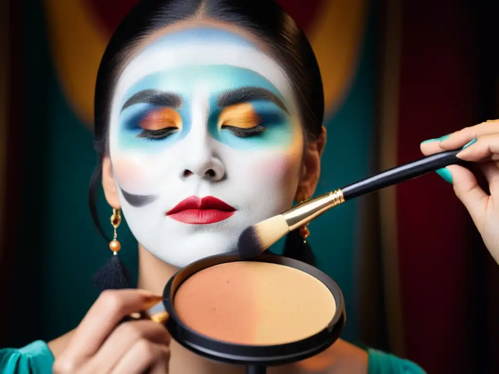 Maquillaje teatral con historia: artista aplicando diseños intrincados a un actor, reflejando la esencia del arte del maquillaje teatral