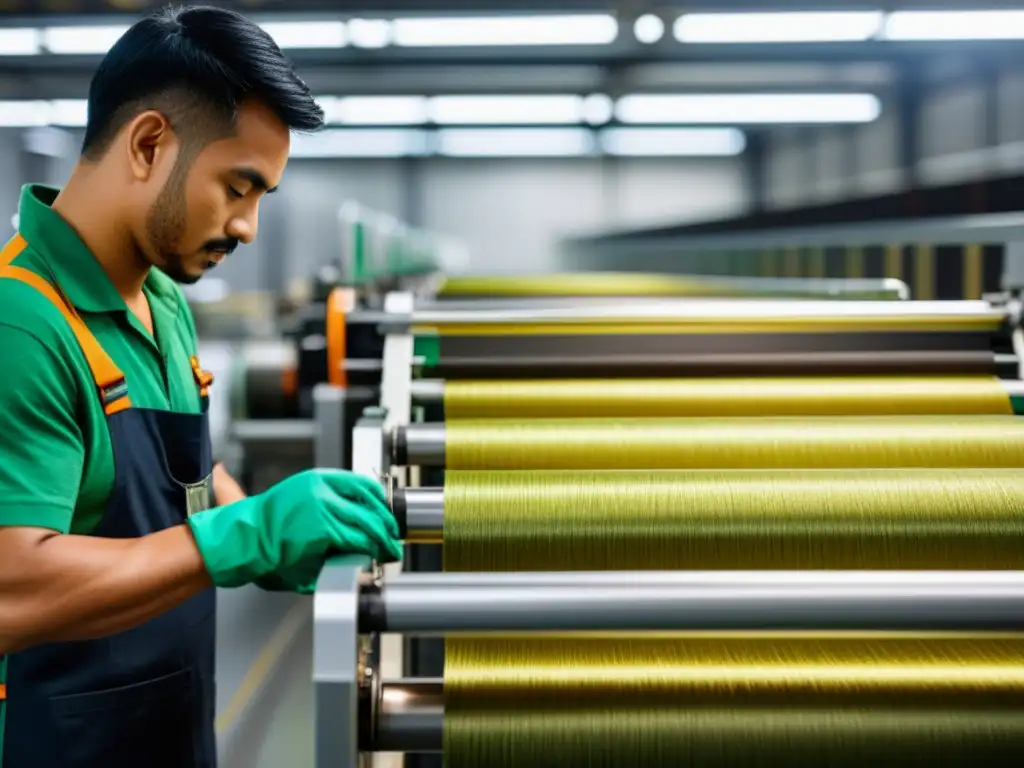 Maquinaria textil entrelazando polímeros naturales en tonos vibrantes, evocando innovación y sostenibilidad en la industria