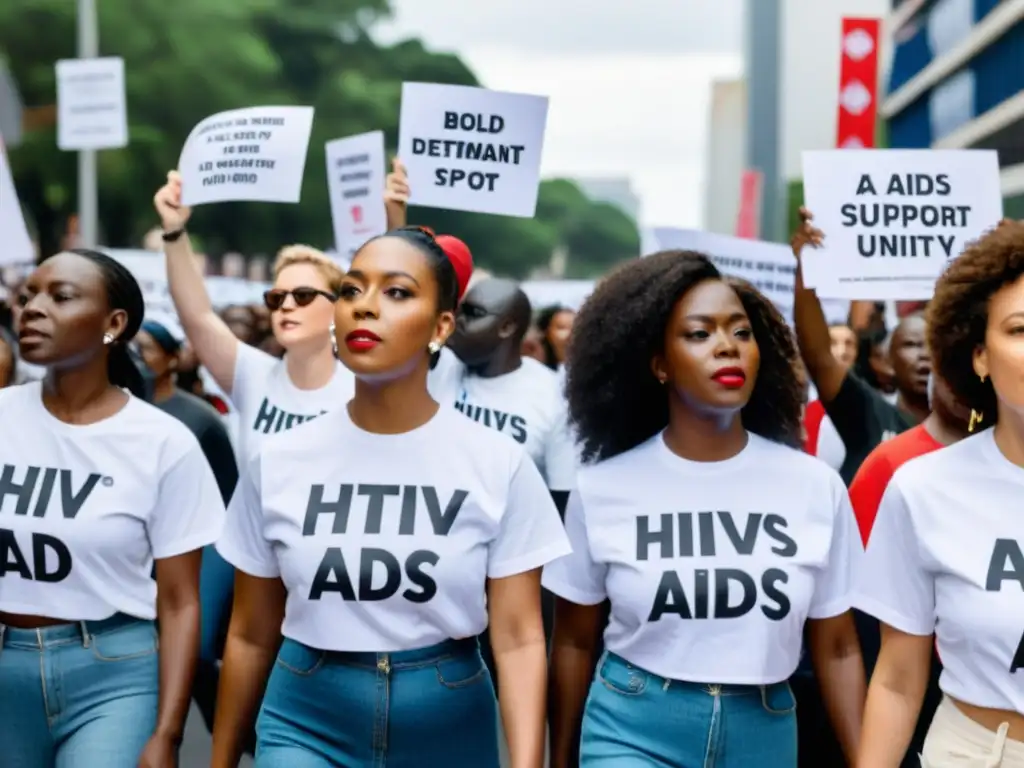 Marcha de activistas con camisetas y pancartas sobre moda y activismo en crisis del SIDA, transmitiendo unidad y determinación