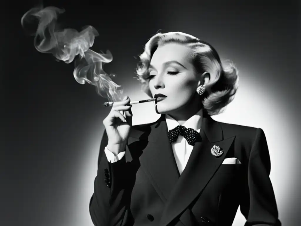 Marlene Dietrich desafía normas de género con un traje y corbata, fumando con confianza