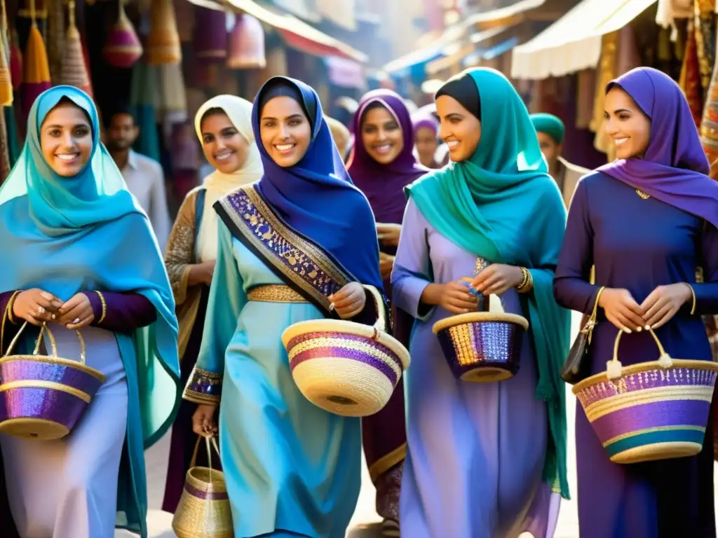 Un mercado bullicioso del Medio Oriente, donde mujeres con vistosos hijabs y ropa tradicional llevan cestas de especias y textiles