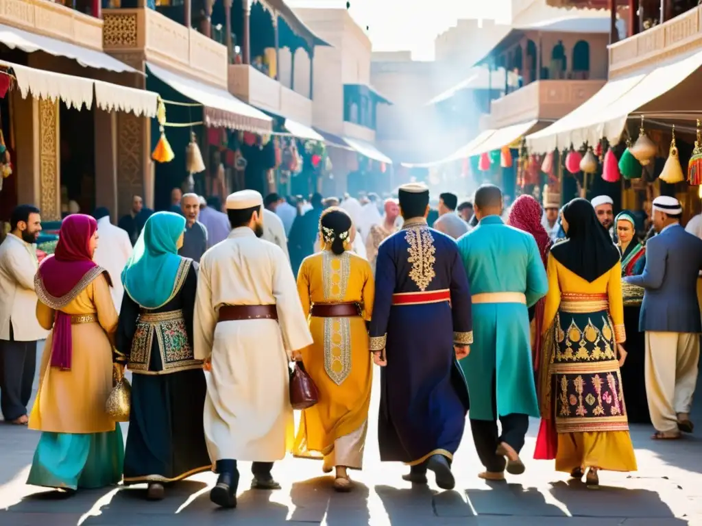 Un mercado bullicioso en Medio Oriente, donde la vibrante vestimenta tradicional del Medio Oriente cobra vida bajo el cálido sol