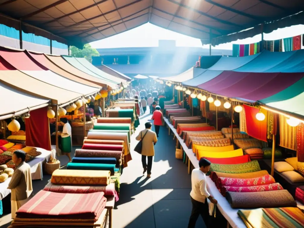 Mercado bullicioso del sudeste asiático con textiles y moda vibrante en exhibición