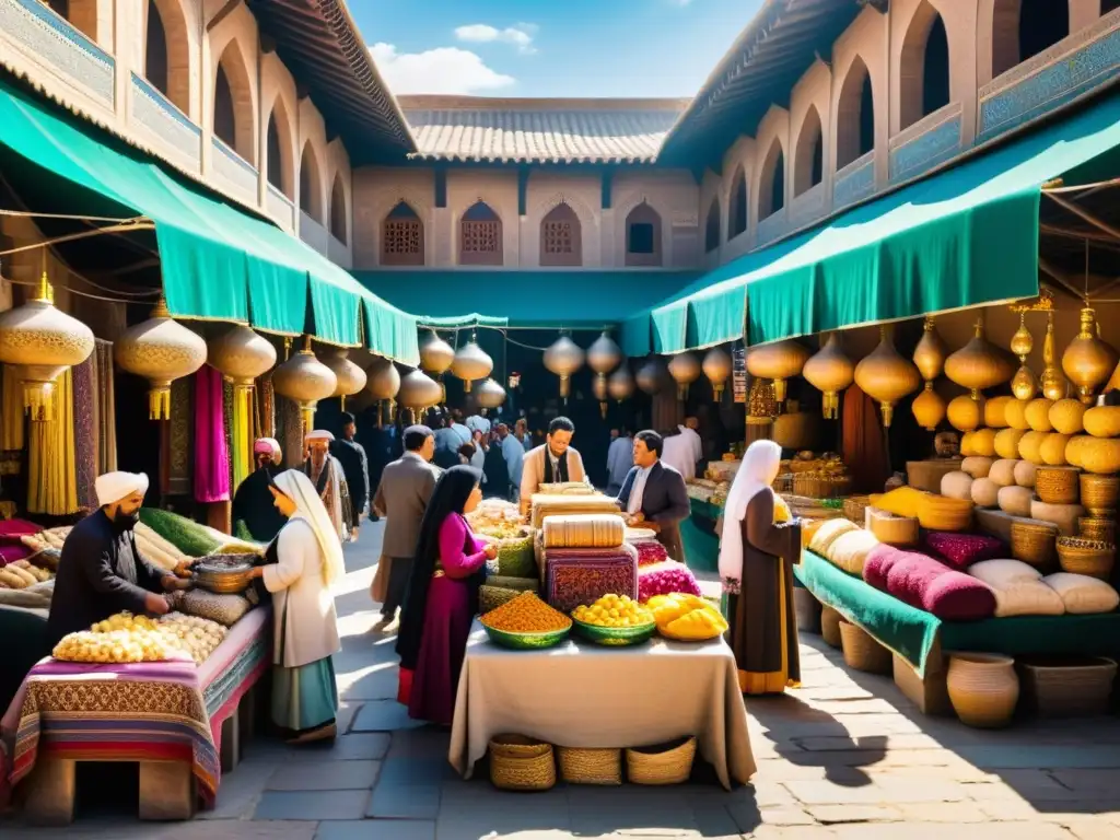 Mercado bullicioso y vibrante en la antigua Persia, con telas de seda tejidas y colores variados