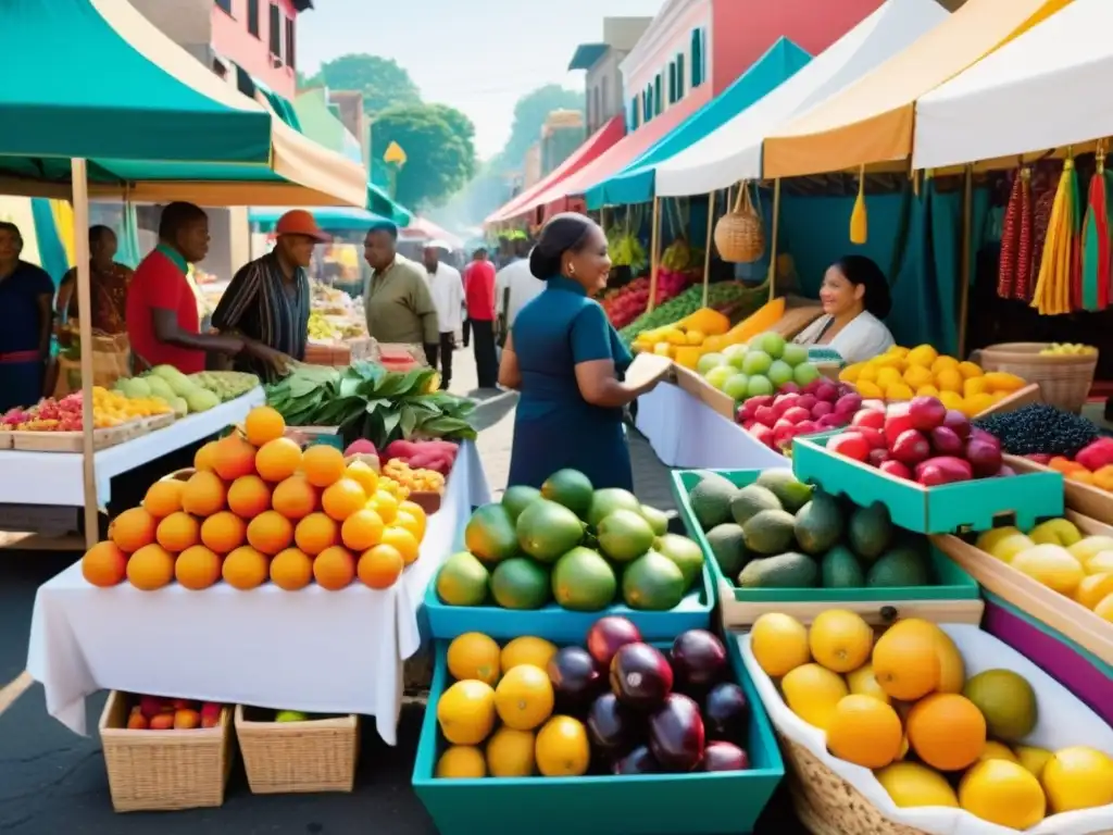 Un mercado callejero multicultural vibrante con colores y texturas diversos, que representa el significado de las paletas de colores en la cultura