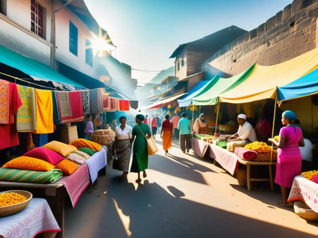 Un mercado callejero vibrante en un país en desarrollo, con textiles coloridos en exhibición