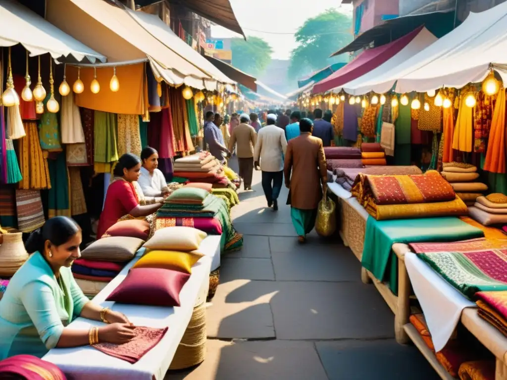 Mercado indio bullicioso, artesanos elaboran prendas tradicionales a mano, colores vibrantes y patrones