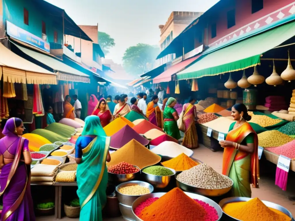 Un mercado indio bullicioso, con saris y especias coloridas