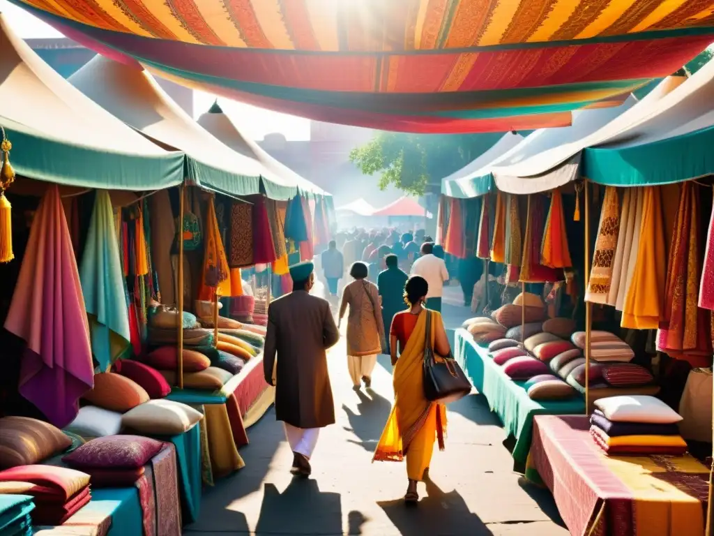 Un mercado indio bullicioso con textiles vibrantes y gente vestida de forma tradicional y moderna, reflejando la rica historia de la moda india