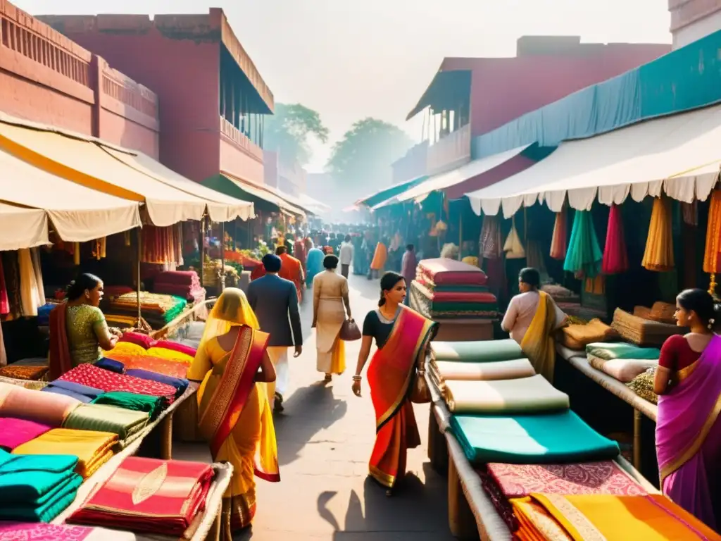 Mercado indio lleno de colores y texturas, reflejando la moda india y el comercio digital en contraste con los rascacielos modernos