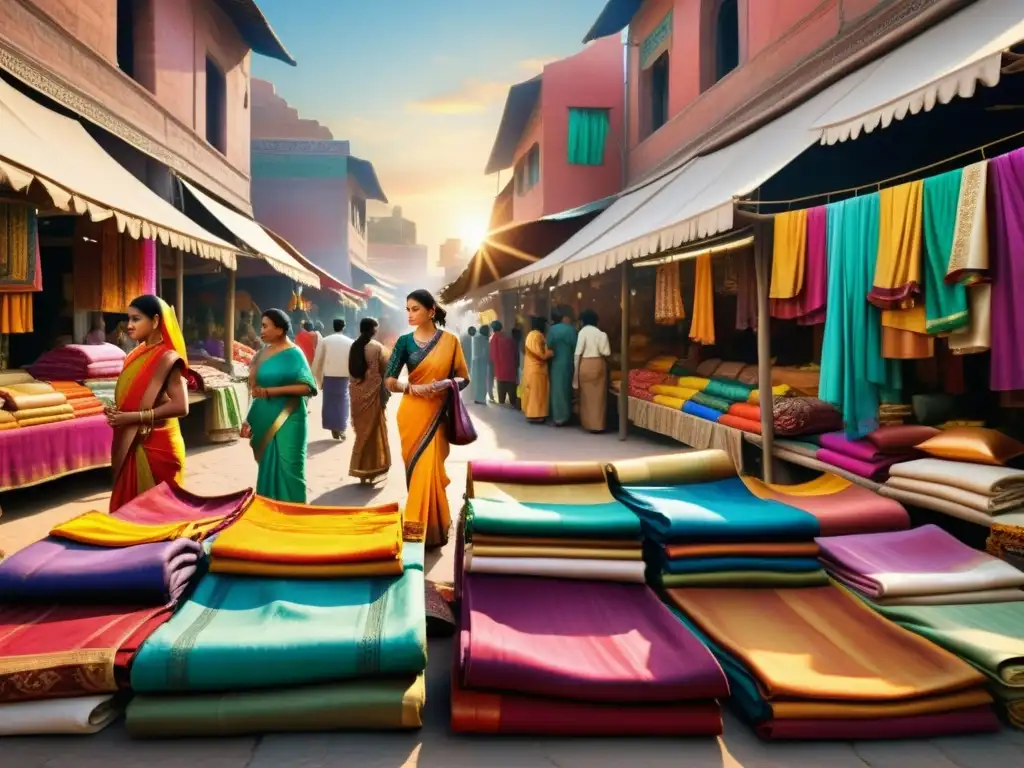 Mercado indio de telas de seda, colores vibrantes y mujeres en saris