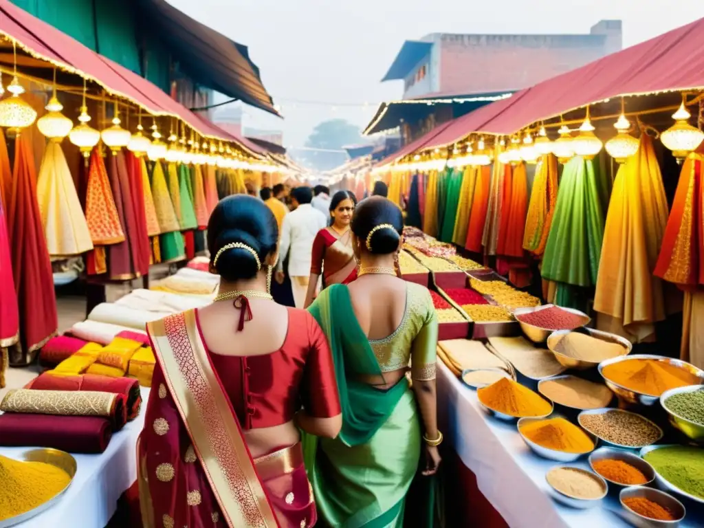 Mercado indio vibrante durante Diwali, con textiles y ropa tradicional colorida, reflejando la influencia de los festivales indios en la moda