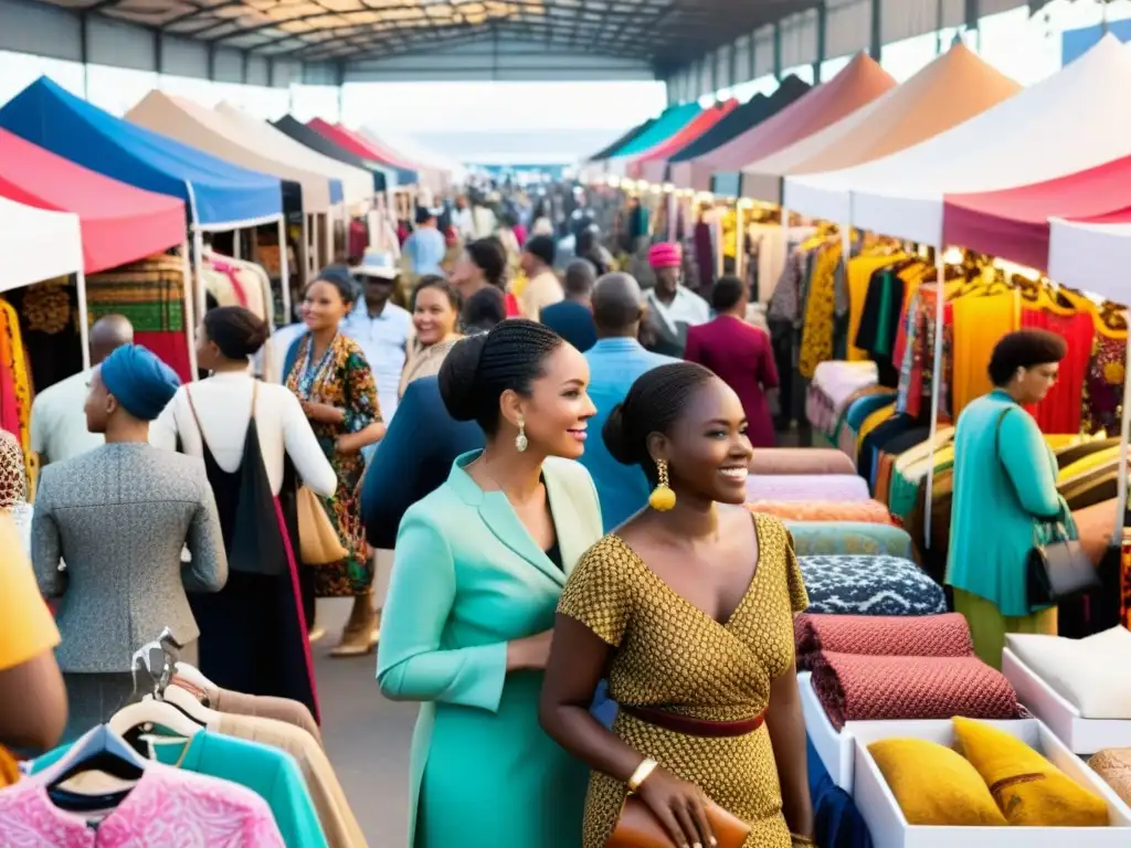 Un mercado de moda bullicioso con vendedores y clientes, mostrando una diversa variedad de prendas y accesorios