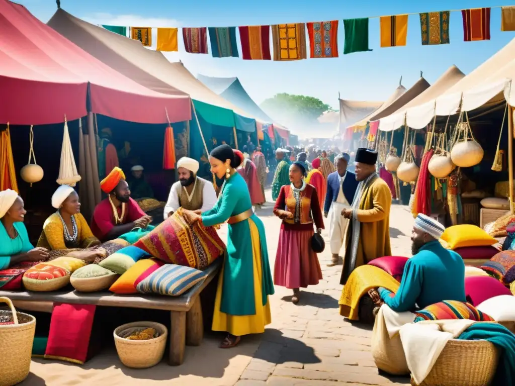 Vivid mercado de la moda en la era de los Descubrimientos, con intercambio cultural de telas y prendas de colores vibrantes