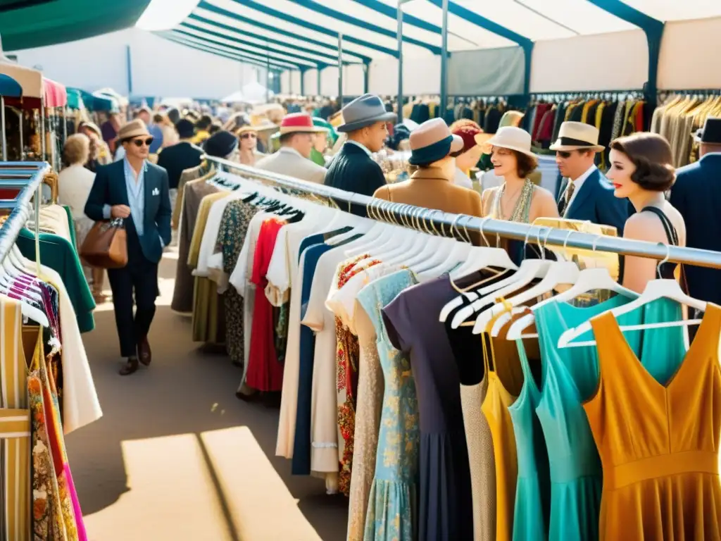 Un mercado de moda vintage bullicioso lleno de prendas y accesorios retro