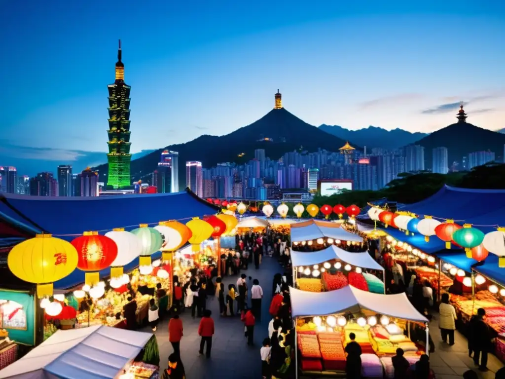 Mercado nocturno en Taiwán, con coloridas linternas y textiles tradicionales