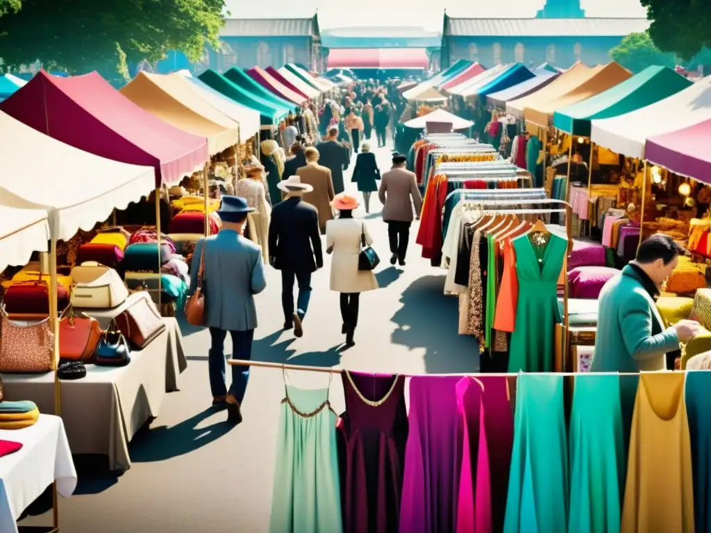 Un mercado de ropa vintage bullicioso y colorido