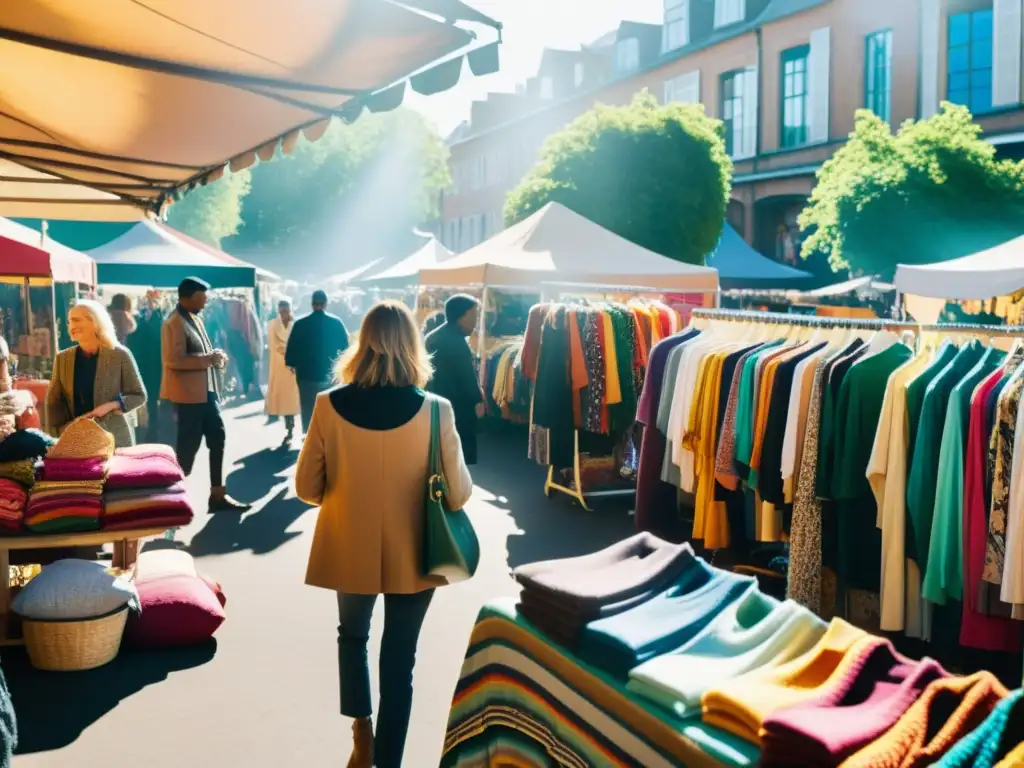 Un mercado de ropa de segunda mano bullicioso y colorido, reflejo de la cultura de consumo sostenible moda segunda mano