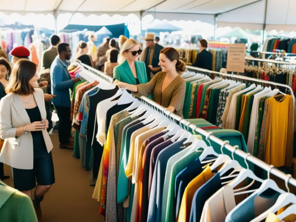 Un mercado de ropa de segunda mano con diversidad de personas buscando moda vintage y sostenible