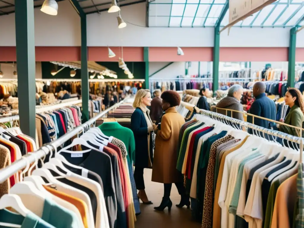 Un mercado de ropa de segunda mano, con colores vibrantes y luz natural