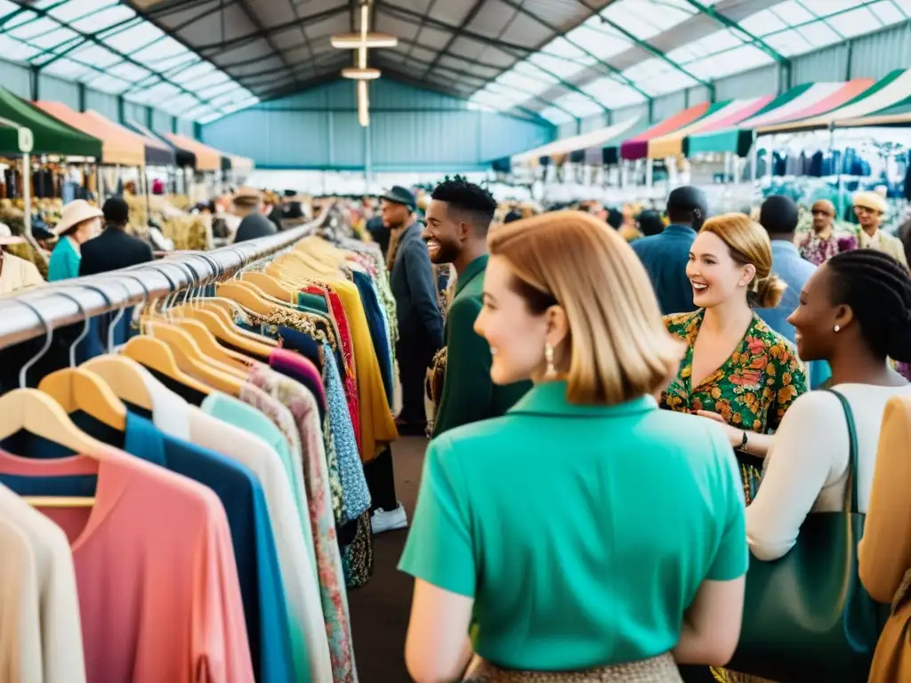 Un mercado de ropa de segunda mano bullicioso y vibrante, reflejando la emoción y diversidad de los compradores