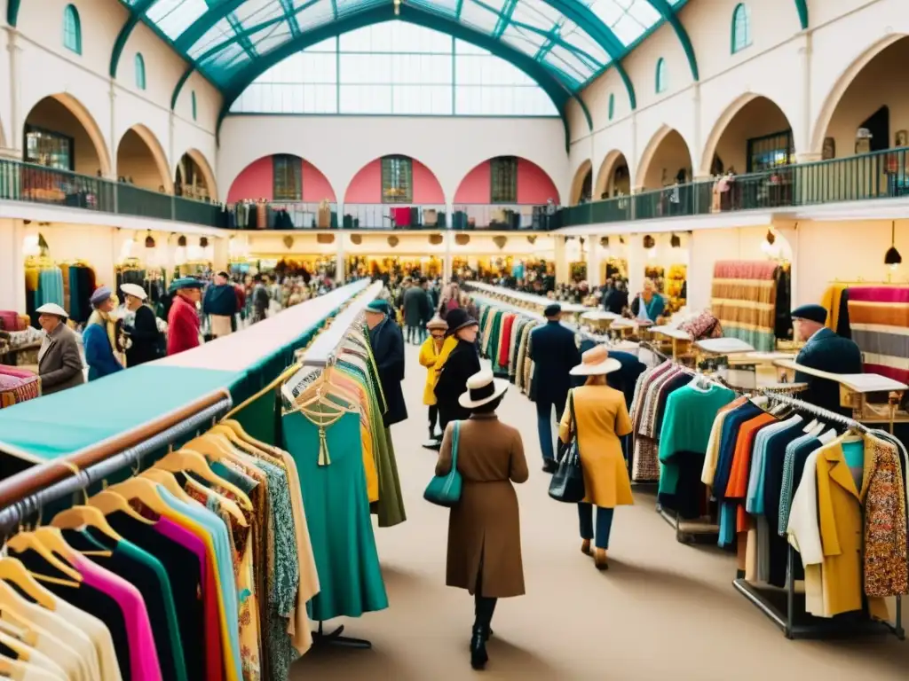 Un mercado de ropa vintage, con gente diversa explorando prendas coloridas y retro, en un ambiente nostálgico