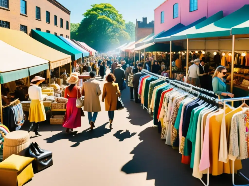 Un mercado de ropa vintage con influencia cultural, moda sostenible y ambiente nostálgico