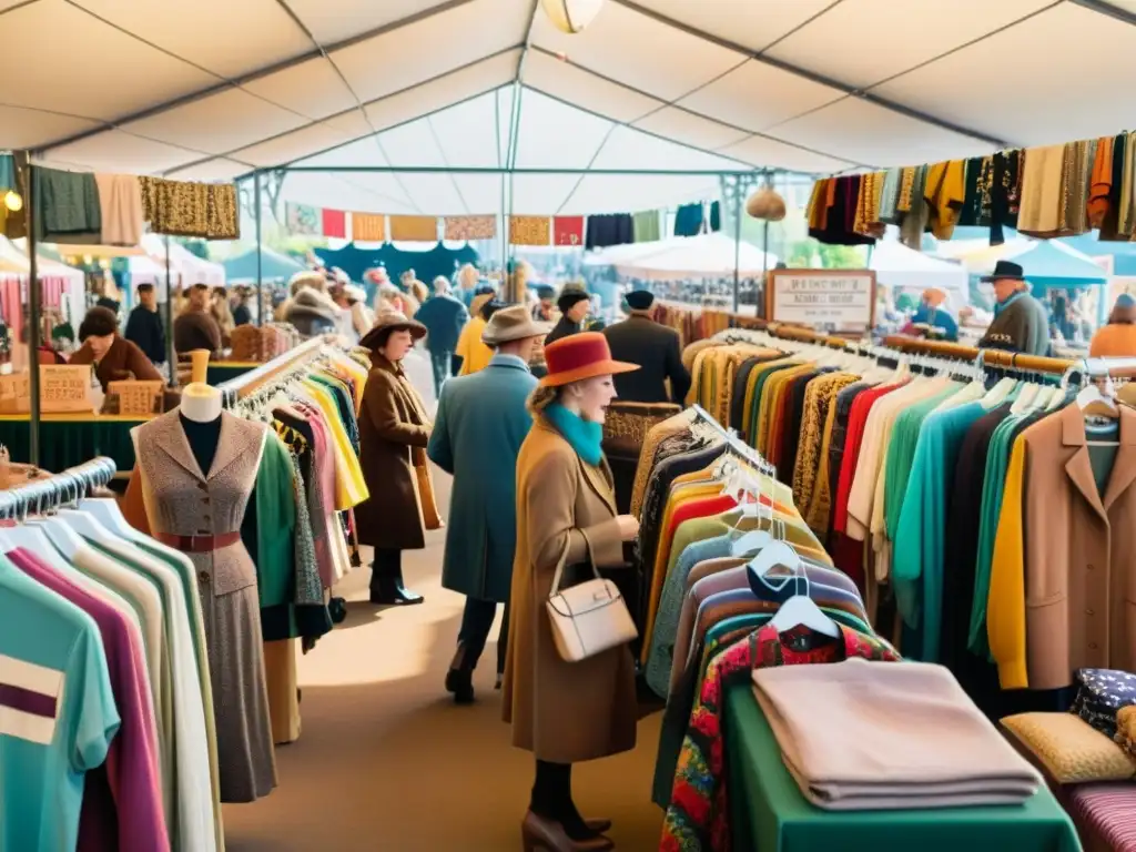 Mercado de ropa vintage con poder emocional, prendas coloridas exhibidas, compradores explorando entre los puestos y una atmósfera cálida y nostálgica